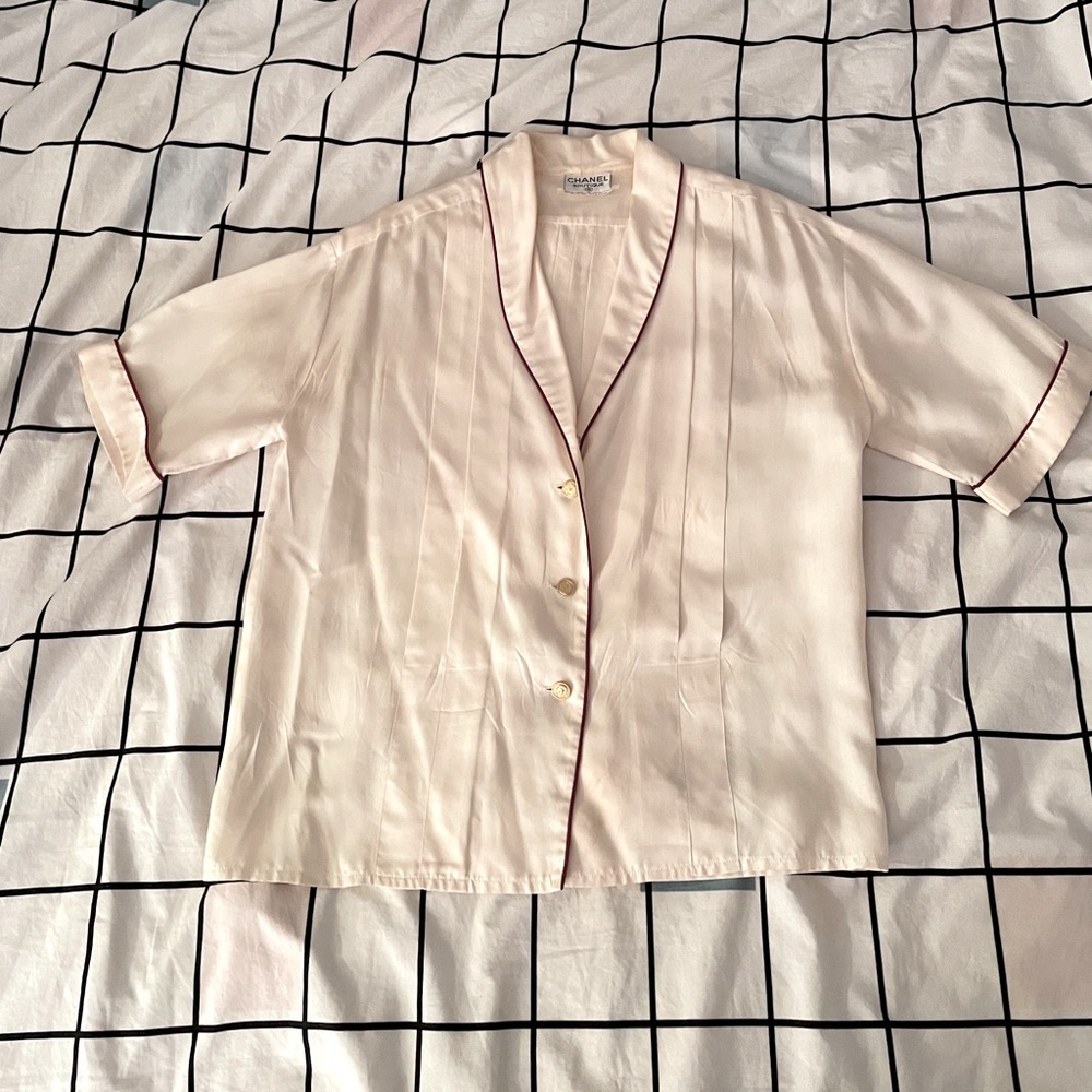 80s Chanel cream silk blouse with red trim